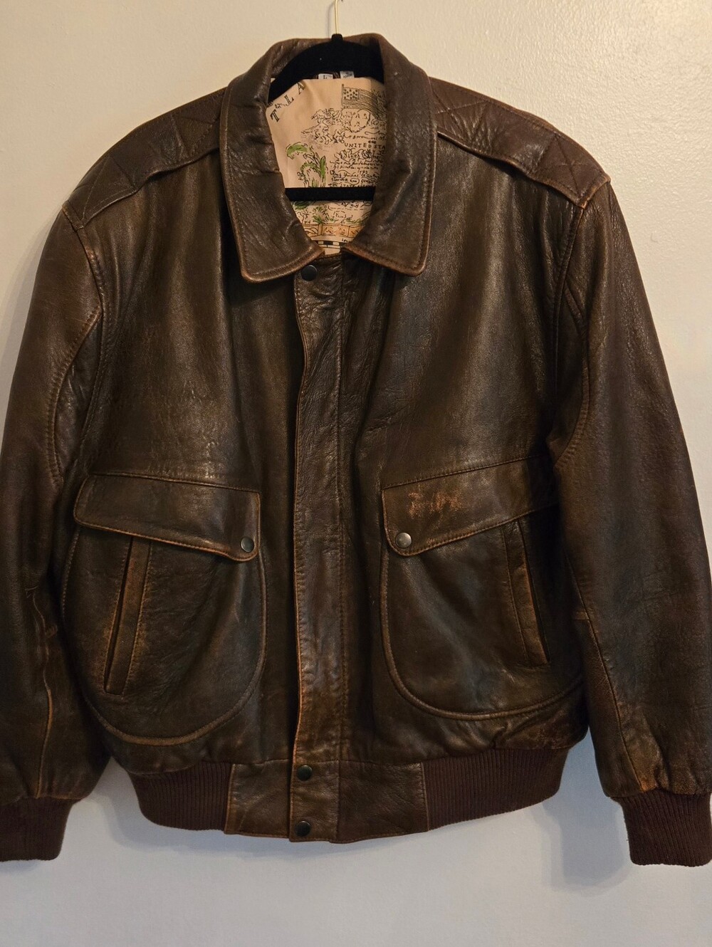 Peter England Vintage 80s Brown Distressed Leather Bomber Jacket Large